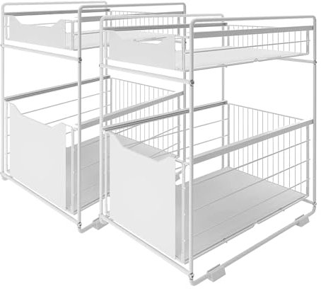 XUANYU Étagère sous Évier à 2 Niveaux, 2 Étages Rangement sous Évier Cuisine, Panier de Rangement Coulissant à 2 Niveaux, Organisateur de Tiroir Coulissant pour Cuisine/Salle de Bain, Blanc C-2 PCS
