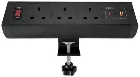ZESHAN power strip power extension with usb C fast charging Removable desk edge power socket with 1 Reset Switch, 3 UK plugs connect 1.8M extension cord for home office conference desk