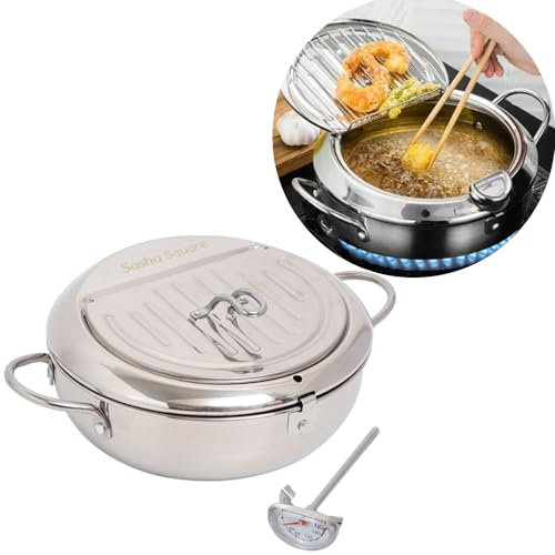 SASHA SQUARE Faitout profond de style japonais friteuse en acier inoxydable avec thermomètre et couvercle de vidange pour enlever l'huile supplémentaire dans la casserole