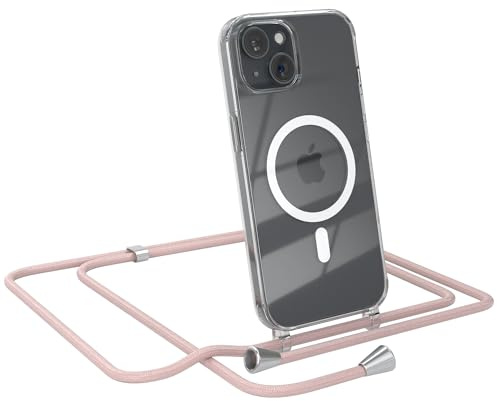 EAZY CASE - Handykette kompatibel mit iPhone 15 Kette zum Umhängen Stoßfest Handyhülle für iPhone 15 Silikon Hülle mit Band Handytasche Transparent als Fallschutz in Rosé-Gold