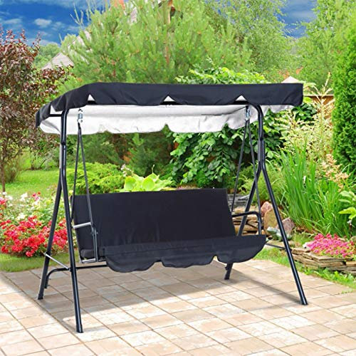 Patio Swing Canopy Cover Set, Outdoor Swing Cushion 3 Seater Replacement Swing Seat Cover Swing Chair Canopy Top Pads Garden (01-Black)