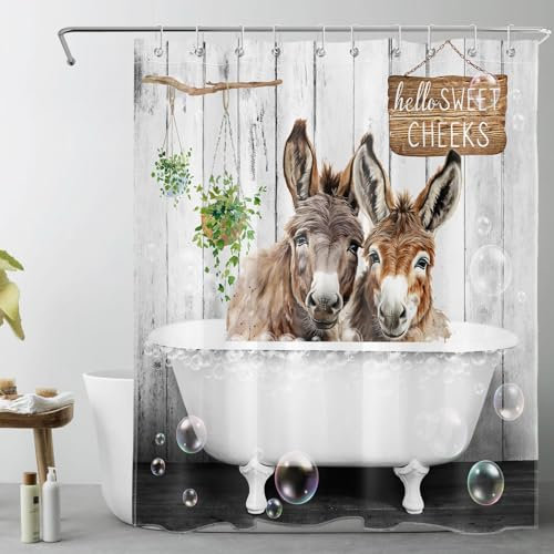 LB Bauernhof Tier Duschvorhang 120x175cm(BxH) Esel in der Badewanne Antischimmel Wasserdicht Badezimmer Vorhänge, Lustig Rustikal Extra Kurz Polyester Stoff Bad Vorhang mit Haken