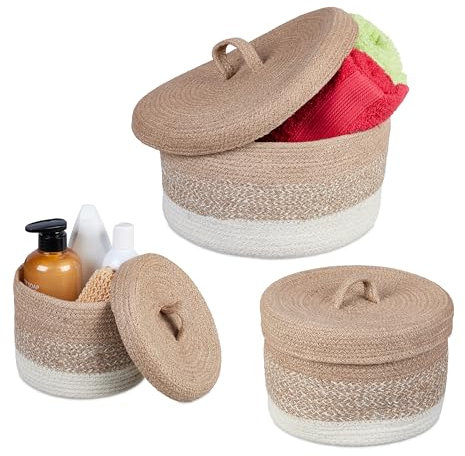 Relaxdays Aufbewahrungskorb 3er Set aus Jute, Körbchen rund, Bad Organizer, 3 Verschiedene Größen, Regalkorb, braun/weiß