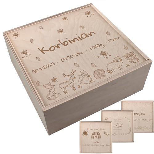 Personalisierte Erinnerungsbox Erinnerungskiste Baby Holzkiste mit Name Aufbewahrungsbox Geschenk zur Geburt Taufgeschenk Babygeschenk Geburt (L mit Schiebedeckel)