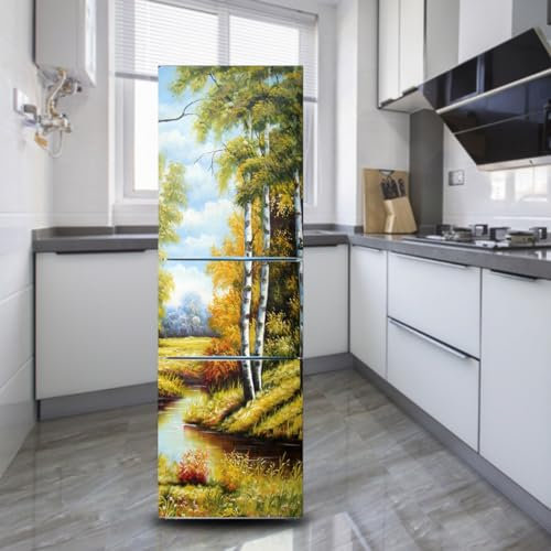 Fridge Wraps Kitchen Fridge Stickers Cover Full Doors, Fridge Sticker Full Covering Door Fridge Covers Decor, Freezer Skins Wall Stickers for Kitchen Decal, Village River Tree Landscape