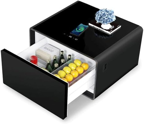 Fridge Side Table Nightstand Bedside Table Modern Black Rectangular 27.8 x 26.5 x 18.1 inches with Built-in Fridge, Wireless Charging, Cold Storage, Adjustable Induction Light, USB Port