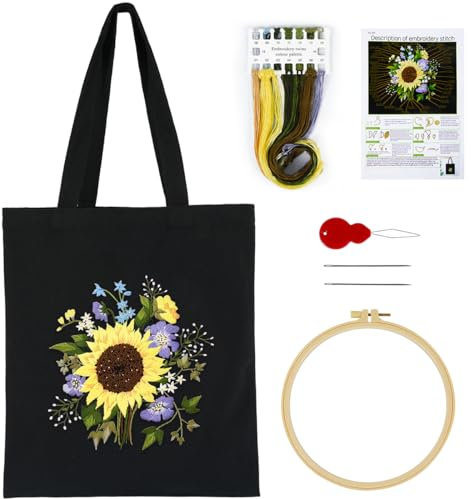 Canvas Tote Bag Embroidery Kits for Beginners Adults, Stamped Embroidery Starter Kit with Floral Pattern, Art DIY Craft Sewing Cross Stitch Kit Tote Bag with Hoop Needles Threads and Instruction