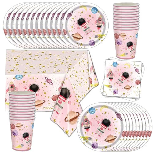 Ensemble de vaisselle de fête pour fille rose avec assiettes, serviettes, tasses, nappe, décoration spatiale pour anniversaire d'enfant, planètes, 20 invités
