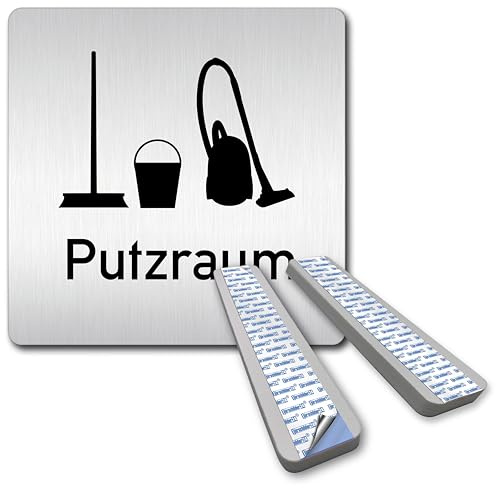 Türschilder24 XXL Schild - Türschild • 125 x 125 mm • Putzraum - Hauswirtschaft • Stabile Schilder aus 1,5 mm Aluminium Vollmaterial • 100% Made in Germany (Putzraum Text + Abstandhalter)