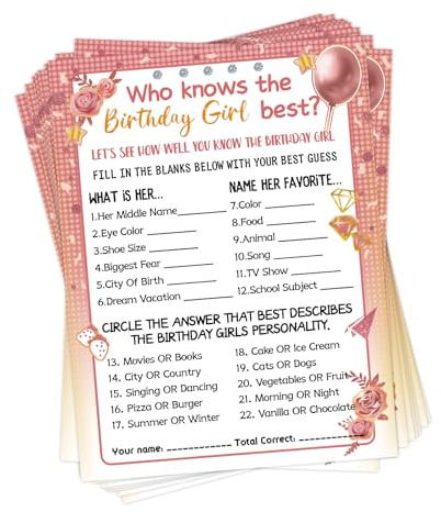 Who Knows The Birthday Girl Best, 30 Pcs Girls Birthday Party Game Cards 