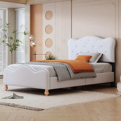 NQSLDM Polsterbett Kinderbett 90 x 200 cm mit Kopfteil, Einzelbett Jugendbett mit Lattenrost, Gepolsteres Bettgestell, für Jungen und Mädchen, Leinenmaterial, Ohne Matratze, Weiß