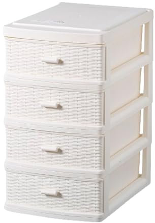 Plastic Storage Drawer Unit 4 Tier | Rattan Cream Storage Cabinet Chest Tower Trolley | Home Kitchen Office School Garage | 32 (Height) x 17.9 (Width) x 25.8 (Length) cm