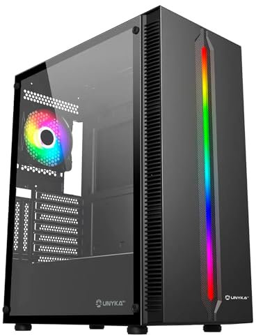 UNYKAch Caja Gaming ATX Armor Lumina Black con Frontal con Tira de Led ARGB, Rejillas Verticales de Refrigeración, Panel Lateral de Vidrio Templado y un Ventilador ARGB de 120 mm