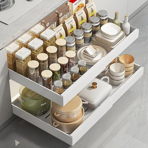 Lot de 2 tiroirs télescopiques pour armoires de cuisine, largeur réglable 32 à 52 cm, organiseur de placard de cuisine extensible avec fixation adhésive nano film, blancs (Paquet de 2 - Blanc)
