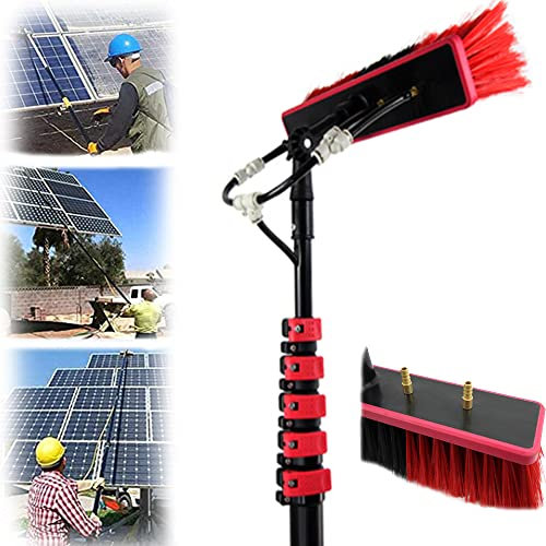 Telescopic Extension Pole Cleaning Kit for Cleaning Window Solar Panels with 4-Hole Water Fed Brush Head Red,20FT