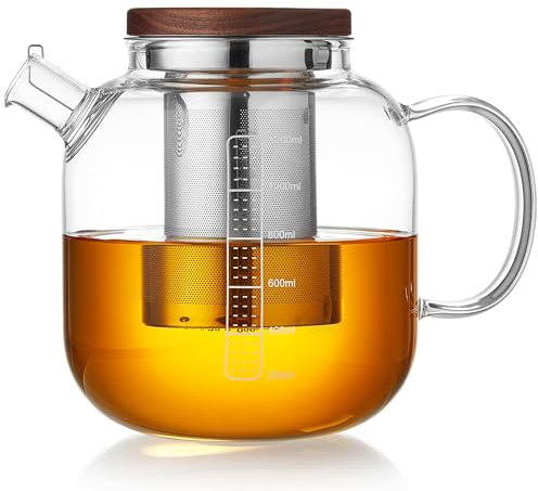 40oz Glass Teapot with Infuser, Hickened Heat-Resistant Borosilicate Glass, Tea Pot with Infuser and Lid for Blooming and Loose Leaf Tea