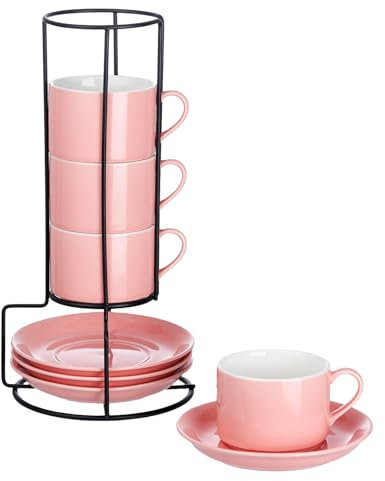 Meichu Juego de 4 tazas de espresso apilables de porcelana de 8 onzas con platillos y soporte de metal, color rosa