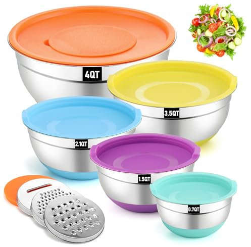 Hunnycook Set de 5 Saladier Colorés, Saladier en Acier Inoxydable Avec Couvercle, Fond en Silicone Antidérapant et 3 Accessoires Pour Râper, 4.5,4,2.4,1.7,0.8L, Lavable en Machine