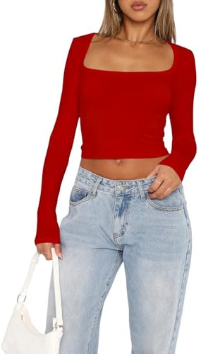 OOHOKAY Langarmshirt Damen U-Ausschnitt Basic Oberteile Y2K Slim Fit Tshirt Crop Tops Lässige Streetwear(Rot-U1,XS)