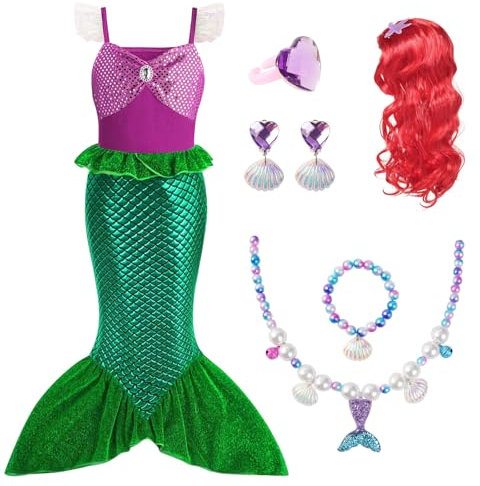 AOOWU Deguisement Robe Petite Sirene Princesse Ariel Costume avec Perruque, Ariel Robe Inclus Couronne avec collier bracelet bague boucles d'oreilles pour fête d'anniversaire Halloween Carnaval