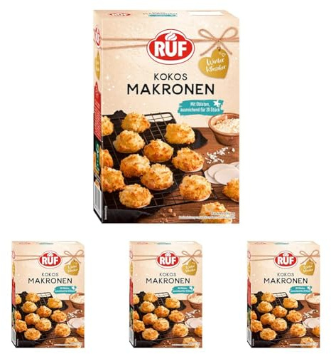 RUF Kokos Makronen, winterlicher Klassiker, außen knusprig und innen saftig, mit Back-Oblaten für die fluffige Masse aus Kokosraspeln, für 20 Plätzchen, vegan, 1x385g (Packung mit 4)