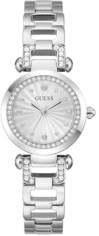 Guess GB Ginger Damen Armbanduhr, Edelstahl, 30 mm, Edelstahlarmband, Silber, 1 bar, Zifferblatt: Silber, Zirkonia, GW0869L3