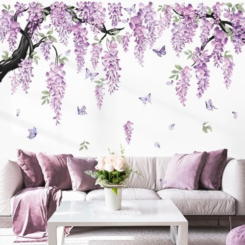 wondever Adesivi Murali Fiori Rami Grande Sticker da Muro Fiore Viola Vite Appesa Acquerello Adesivi da Parete per Soggiorno Camera da Letto Ufficio