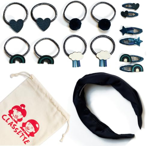 Classette Haarschmuck Set für Kinder, Haargummis, Clips, Stirnband, Schuluniformfarben, 15 Stück (Marineblau)