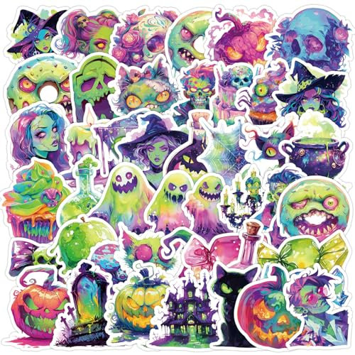 50pcs Cool Gruselige Aufkleber, wasserdichtes Vinyl Skelett Hexe Geist Aufkleber für Erwachsene, Horror Schädel Halloween-Aufkleber