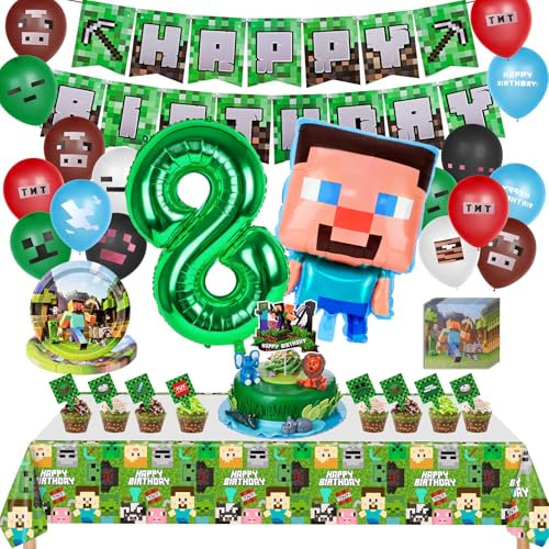 Decoration Anniversaire 8 Ans, 107 Pcs Anniversaire Décoration de Fête Pixel,Bannières Joyeux Anniversaire, Ballons en Aluminium, Cupcake Toppers Déco, Nappe, Ballons, Assiette, Serviette Papier