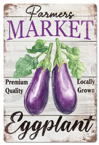 GLOBLELAND Blechschild Farmers Market Premium Quality Locally Grown Eggplant Auberginen Metall Blechschild Gemüse Metall Vintage Schild 12×8 Zoll Lustige Wanddekoration Blechschilder Für Zuhause