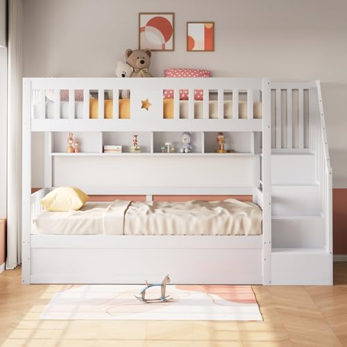 Soweiz Holzbett 90x200CM, Kinderbett mit stauraum, Unterbett hydraulisch, Stauraumtreppe, Regale, Hochbett, Etagenbett 2 Kinder, Jugendbett (Weiß)