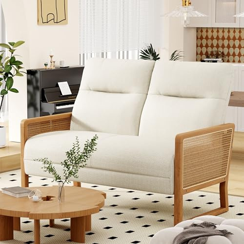 Alunaune Modern Loveseat Bench Couch with Natural Rattan Arm, Upholstered Linen Small Love Seat Sofa 2-Seats Living Room Couch Settee, Comfy Lounge Recliner Chair-Ivory
