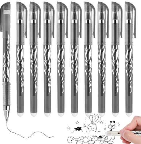 Thboxes Erasable Gel Pens, 10 Pack, 0.5 mm Fine Tip, Black Ink | Built-in Eraser, Smooth Quick-Dry Writing, Clipped Caps, for School, Office, Notes, Homework and Sketching