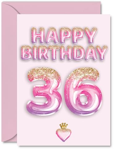 36th Birthday Cards for Women and Men, Pink & Purple Glitter Balloons | Happy Birthday Card for 36 Year Old Man Woman Niece Daughter Wife Sister, A5 Bday Greeting Cards