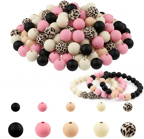 100 Stück Silikonperlen Set, 15mm und 9mm Rosa Schwarz Silikon Bastelperlen für Armbänder Schlüsselanhänger Stifte Schmuck DIY Handwerk Perlen zum Auffädeln Große Perlen Basteln