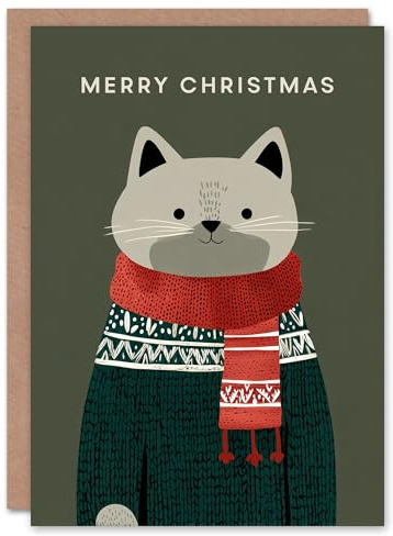 Artery8 Christmas Card Grey Ragdoll Cat With Festive Sweater and Scarf