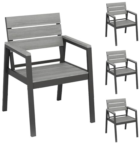 Devoko Alu Aartenstühle mit Armlehne, Gartenstuhl Set (4-teilig), Terrassenstühle Wasserfeste, Langlebige, Gartenstuhl bis 160 kg belastbar, Holzmaserung-Finish, Extrabreite Sitzfläche, Grau