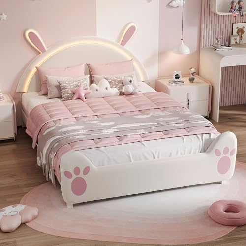 Générique Lit 2 Place Fille 140x200 cm avec Sommier à Lattes,Lit Enfant avec LED,Cadre de Lits avec Oreilles de Lapin,Rangement sous Lit,Blanc+Rose(Matelas Non Inclus)