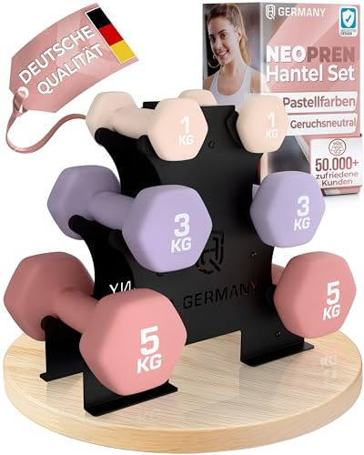 HQ Germany® Hanteln Set [Geruchsfreie Pastellfarben] - 0,5-10kg | Neoprenbeschichtet, schont Böden & Möbel, angenehm griffig, große Gewichtszahlen, REACH-geprüft, für Pilates & Reha