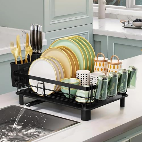 XBAIPIN Escurridor de Platos de Acero Inoxidable con Soporte para Vasos. | Escurreplatos que ahorra espacio con soporte para palillos y canalón de drenaje. Bandeja para platos para fregadero,apto para