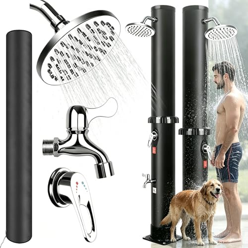 Qdreclod Solar Gartendusche 40Liter -Solardusche mit 360° Drehbarem Duschkopf und Fußhahn, Einstellbare Temperatur Aussendusche Solar dusche für Garten Pool Camping Hinterhof | inkl. Abdeckhaube