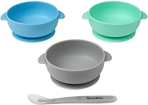 UpwardBaby Spoon + Bowls with Suction - 4 Piece Silicone Set with Spoon for Babies Kids Toddlers - BPA Free Baby Led Weaning Food Plates - First Stage Self Feeding Utensils