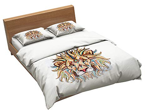 EU-VV Set Biancheria da Letto Modello Animale 1 Copripiumino + 2 Federa 100% Microfibra Trapunta (Lion 2,Singolo(150x200cm+2/75x50cm))