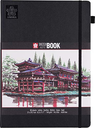 Sakura Skizzenbuch Schwarz | 21 x 29.7 cm, 140 g, 80 Blatt | Hardcover Skizzenbuch für Bleistift, Pastell, Tinte, Gouache