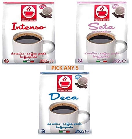 Bonini Coffee Pods, Senseo Compatible Pods. Pick Any 5 Packs (Each Pack 36 pods) from 3 Different Flavours Inc. Decaf, Intense, Seta (Total 180 Pods) - 100% Italian Coffee