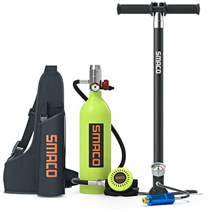 SMACO Bouteille de Plongée 1L pour Plongées en Eaux Peu Profondes, Mini Bouteille de Plongée Permettant Une Respiration de 15-20 Minutes pour Plongée de Loisir/Travail Subaquatique, Ensemble F(Vert)