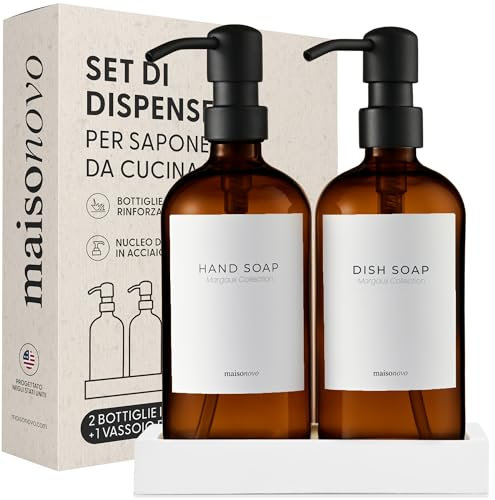 MaisoNovo seifenspender Bad - seifenspender küche - 500 ml Bernsteinflaschen, Schwarze Pumpen, pumpspender Glas, seifenspender Set, 2er-Set und Betontablett - spülmittelspender küche