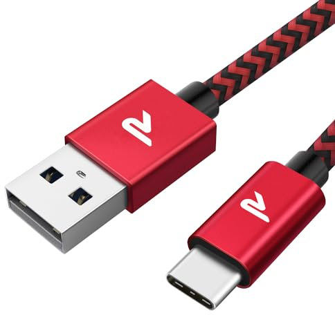 RAMPOW Cable USB C, Cable USB Type C Charge Rapide 3A QC 3.0, Cable Chargeur USB C USB2.0 Nylon Tressé pour Samsung Galaxy s21/s20/s10/s9/s8, Huawei P30/P20, Xiaomi - Rouge, 2M