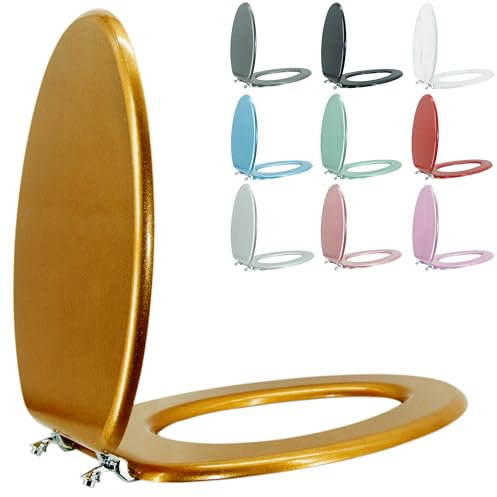 BLOFDE Elongated Toilet Seat Wood Toilet Seat Prevent Shifting with Zinc Alloy Hinges American Standard Size Toilet Seat Easy to Install also Easy to Clean(Elongated,Sparkling Classical Gold)